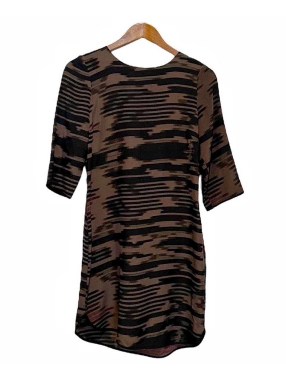 Rachel Mara 100% Silk Dress Size Small Brown Black 3/4 Sleeves Made In Canada